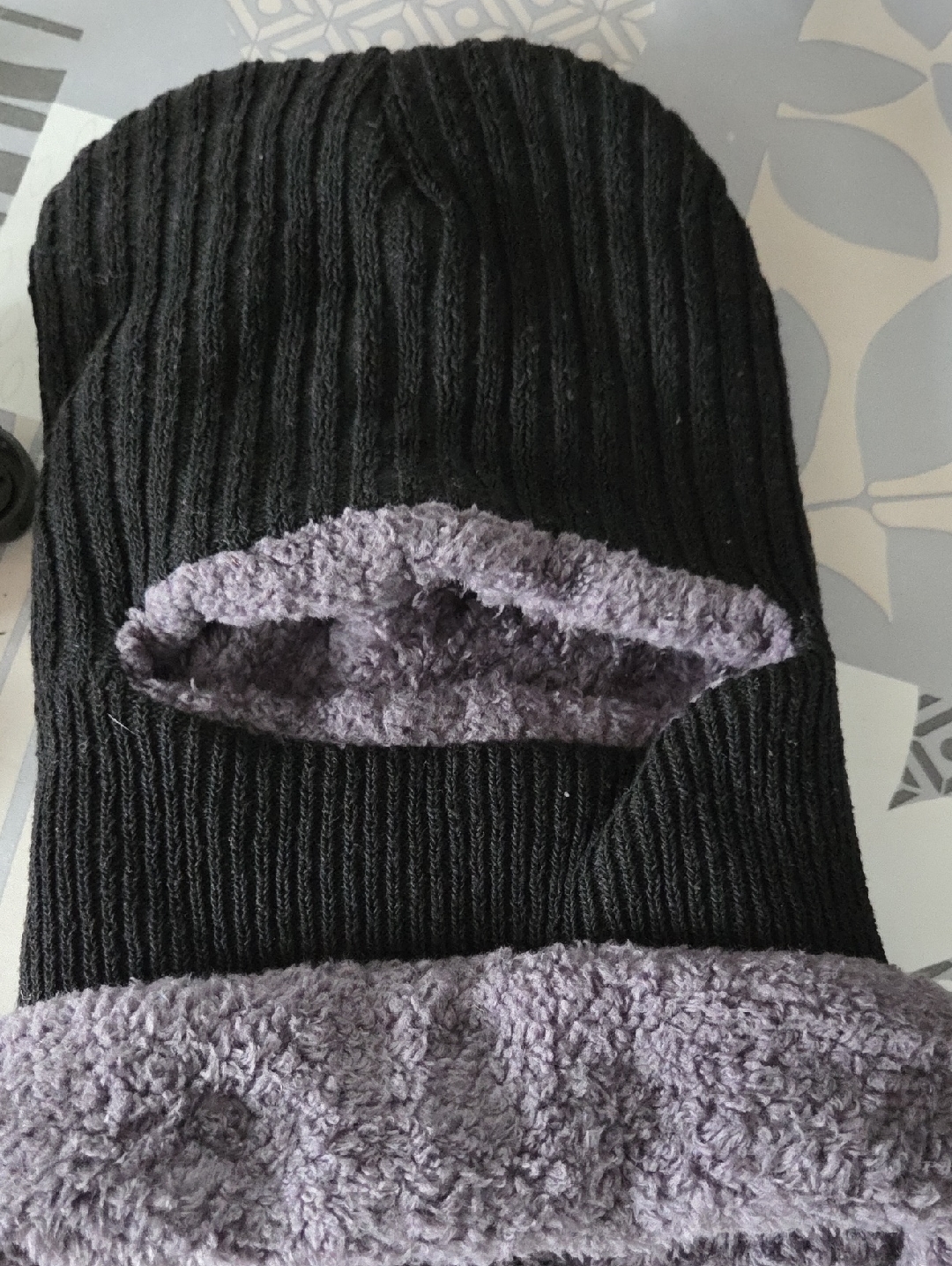 Black Knit Balaclava With Lavender Sherpa Lining